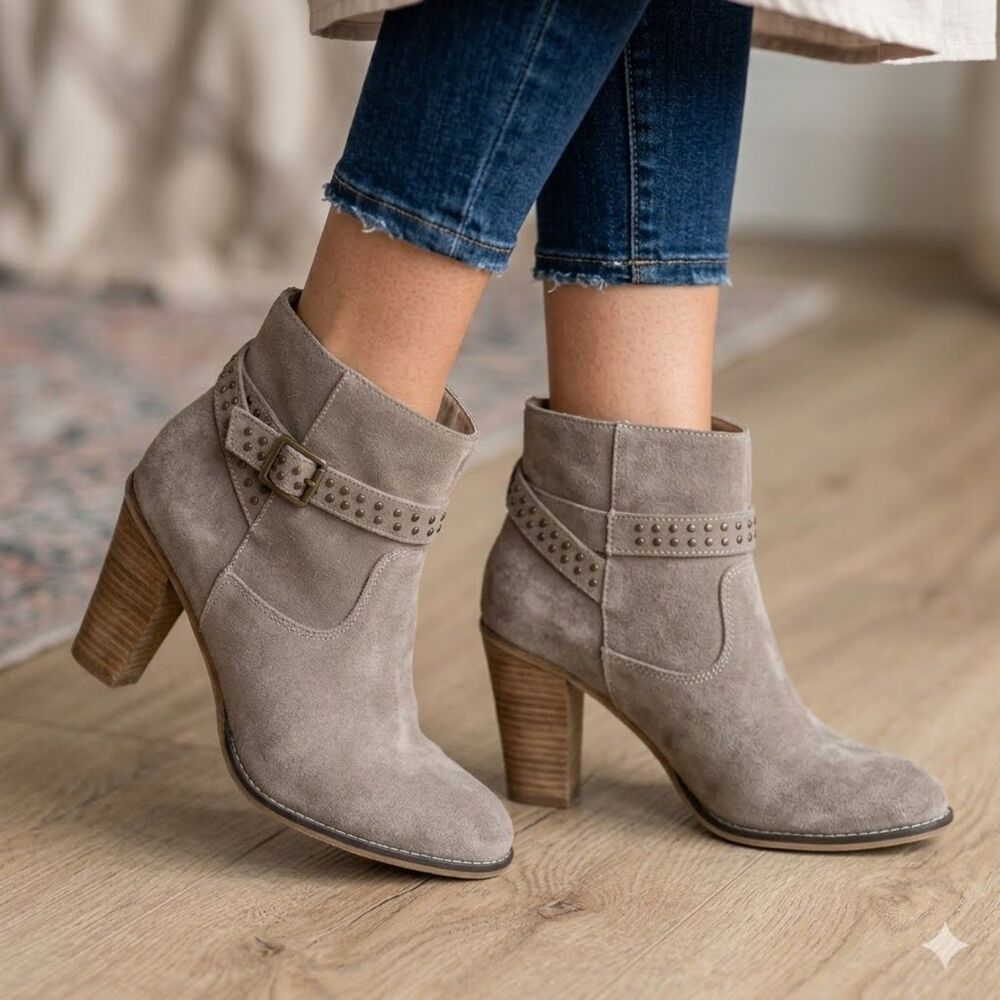 Bakers Freelance Suede Ankle Booties Taupe Block Heel Studded Boots Women's 9